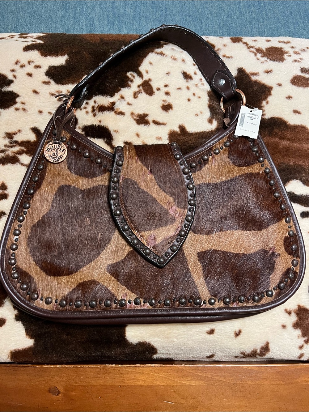 Cowhide Studded Shoulder Bag in Brown